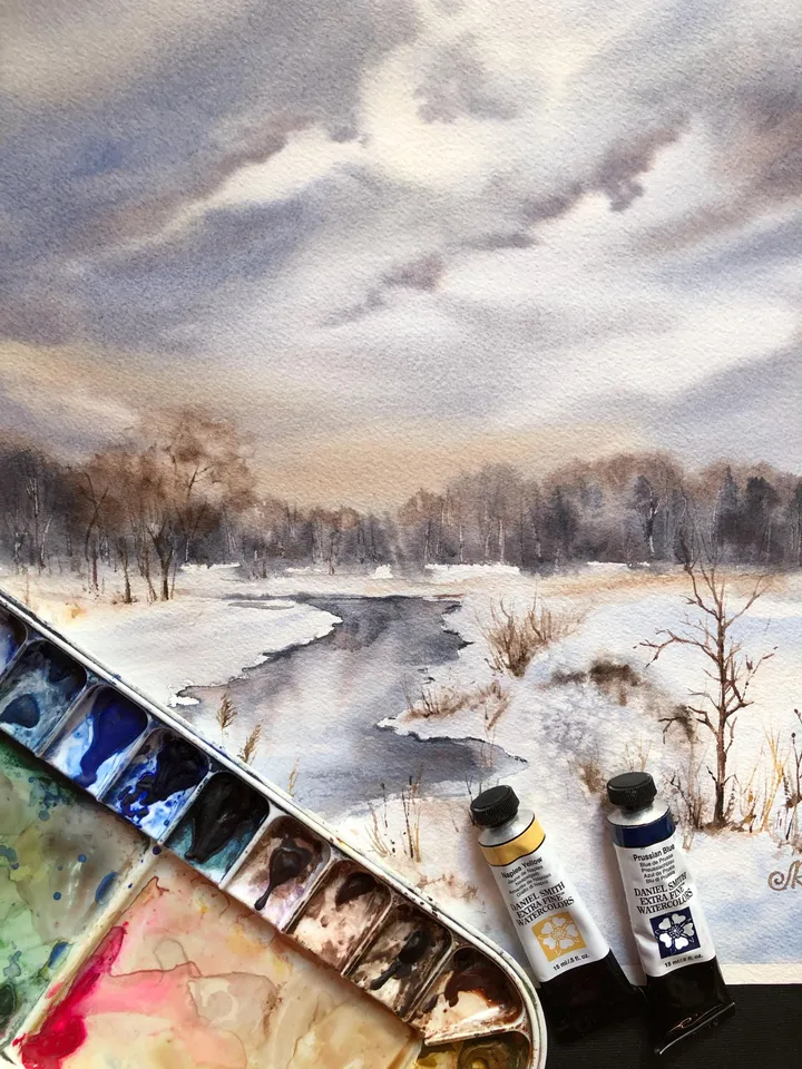 Landscape Original Watercolor Painting Autumn Painting
