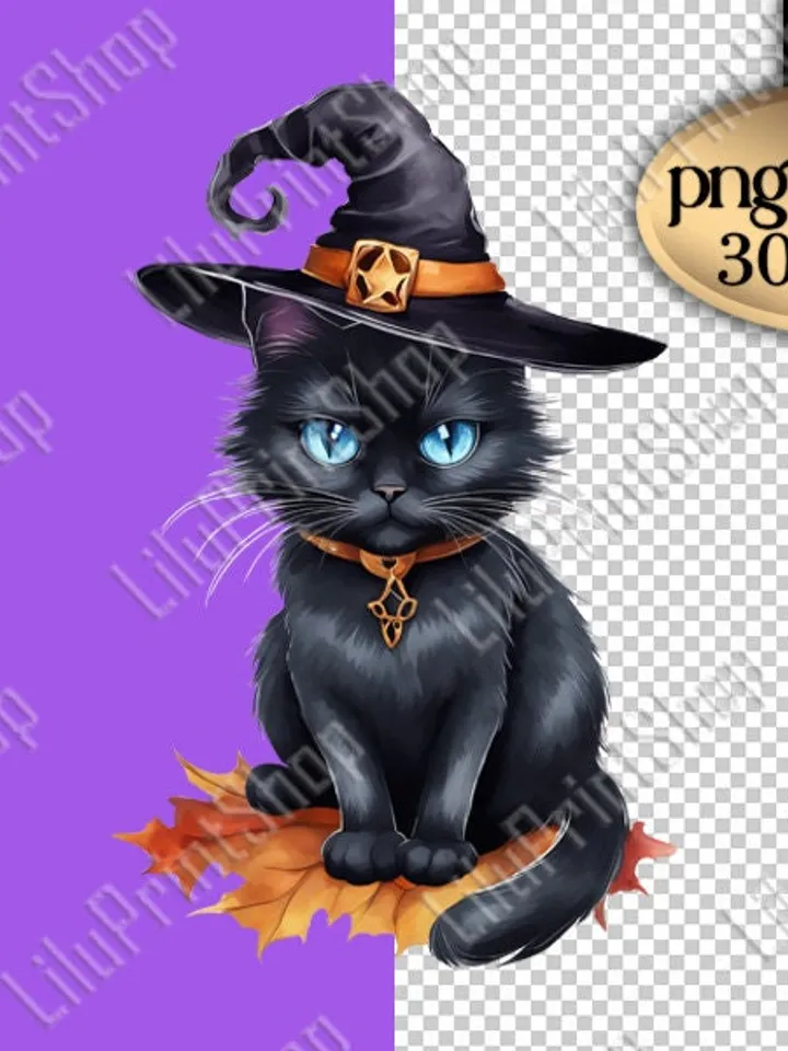 Halloween cat png Black Fluffy Cat with hat and leafs clipart Spooky season png digital instant download
