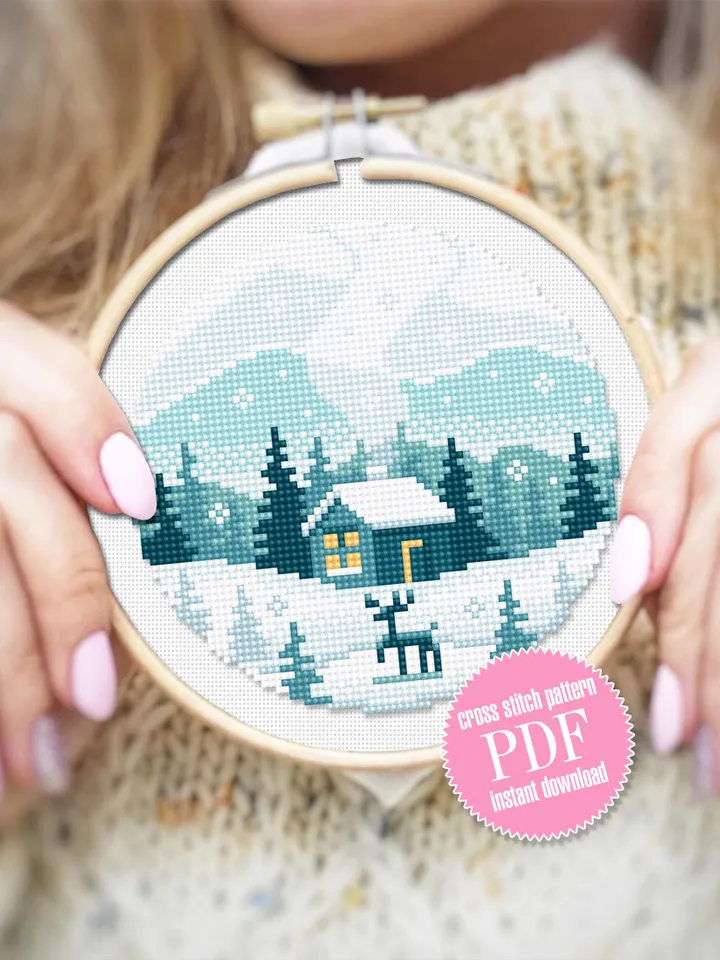 Winter landscape cross stitch pattern PDF download Winter forest cross stitch chart, Small pattern digital PDF beginner House in forest #L91