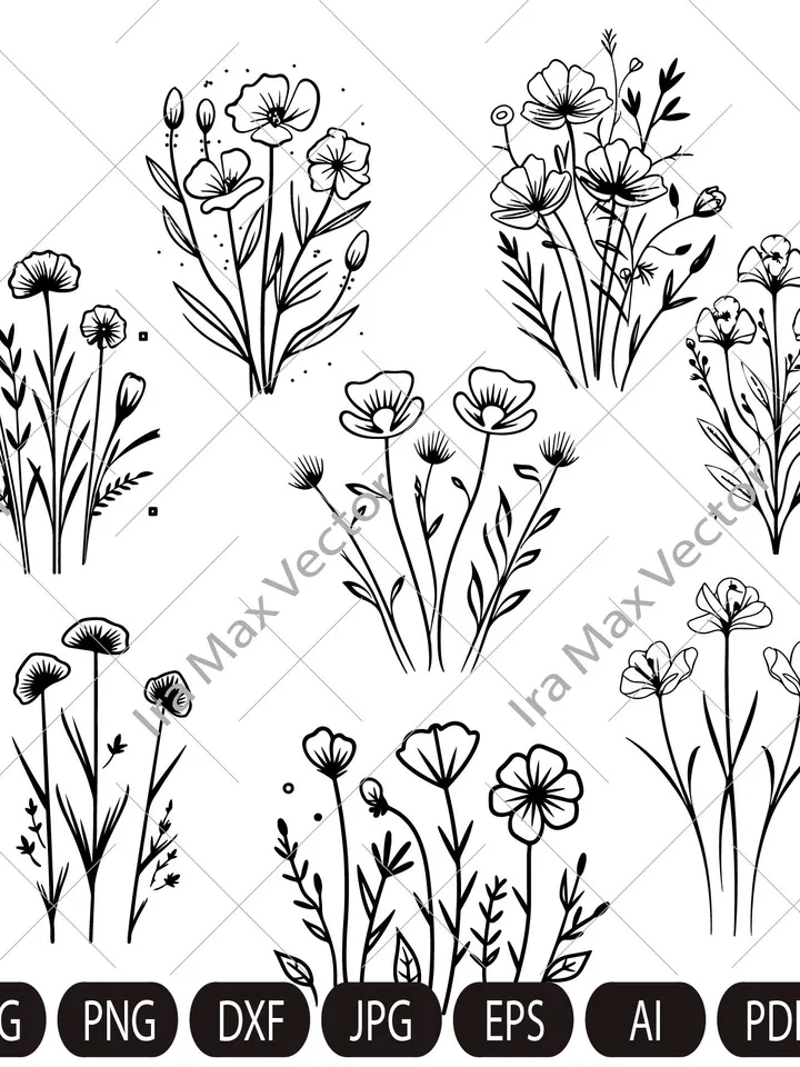 Wildflowers svg, Wild flower svg bundle, floral frame svg, Split monogram svg, Bouquet SVG, Floral svg, nature svg, flower sketch svg