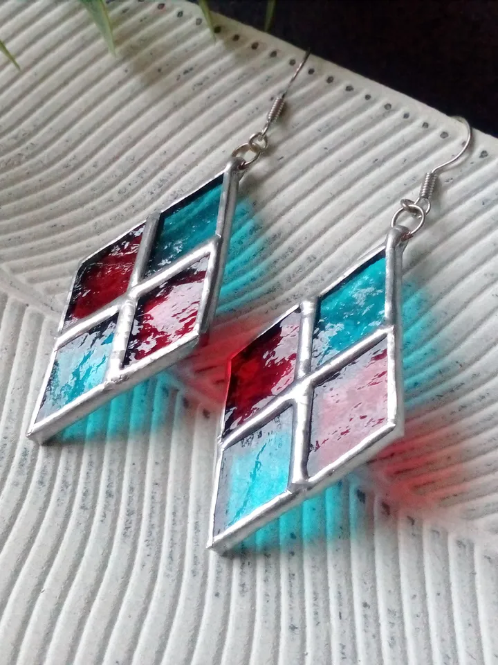 Checkerboard stained glass earrrings - handmade geometric chess plaid earrings