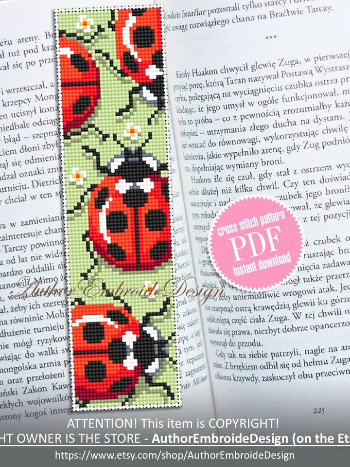 Ladybug bookmark cross stitch pattern PDF download Red bug cross stitch chart, Cute bookmark pattern digital PDF, Ladybug ornament #B280