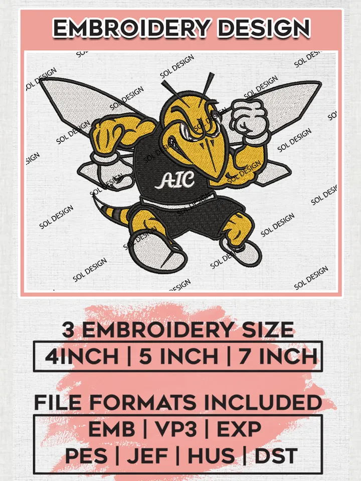 NCAA AIC Yellow Jackets Team Mascot Logo Embroidery Design Files, NCAA AIC Yellow Jackets Machine Embroidery, NCAA Teams, 3 sizes, NCAA Machine embroidery designs, Digital Download