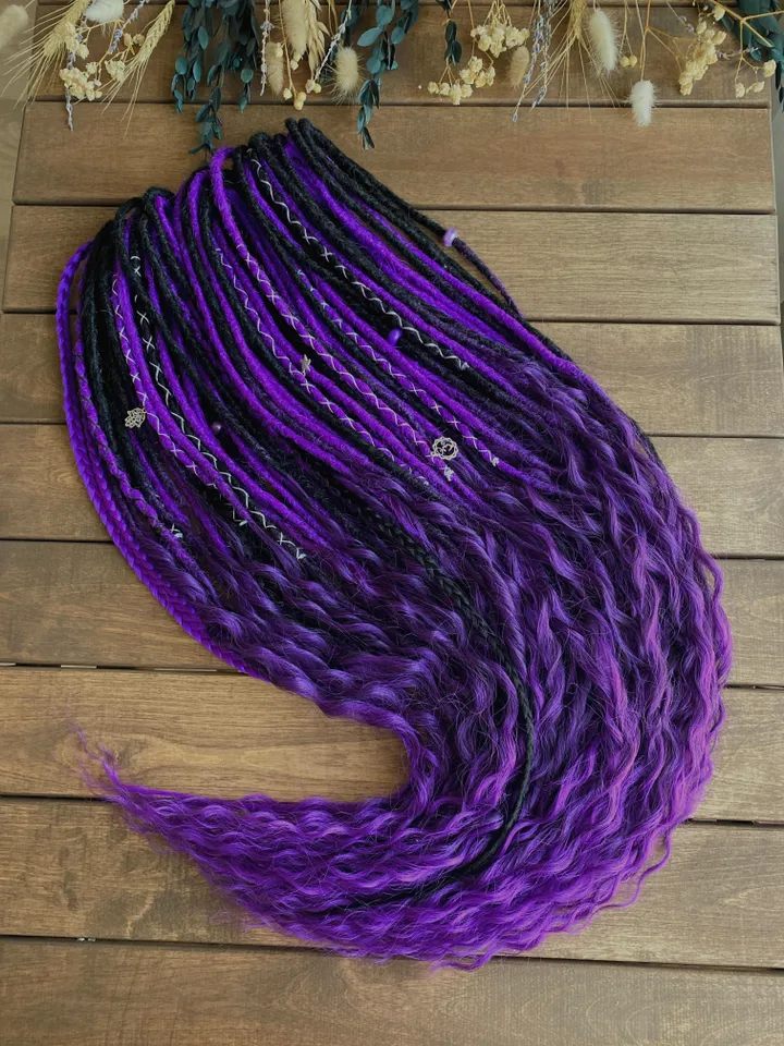 Black and purple Synthetic Double Ended Dreadlocks with curly ends, Ready to ship