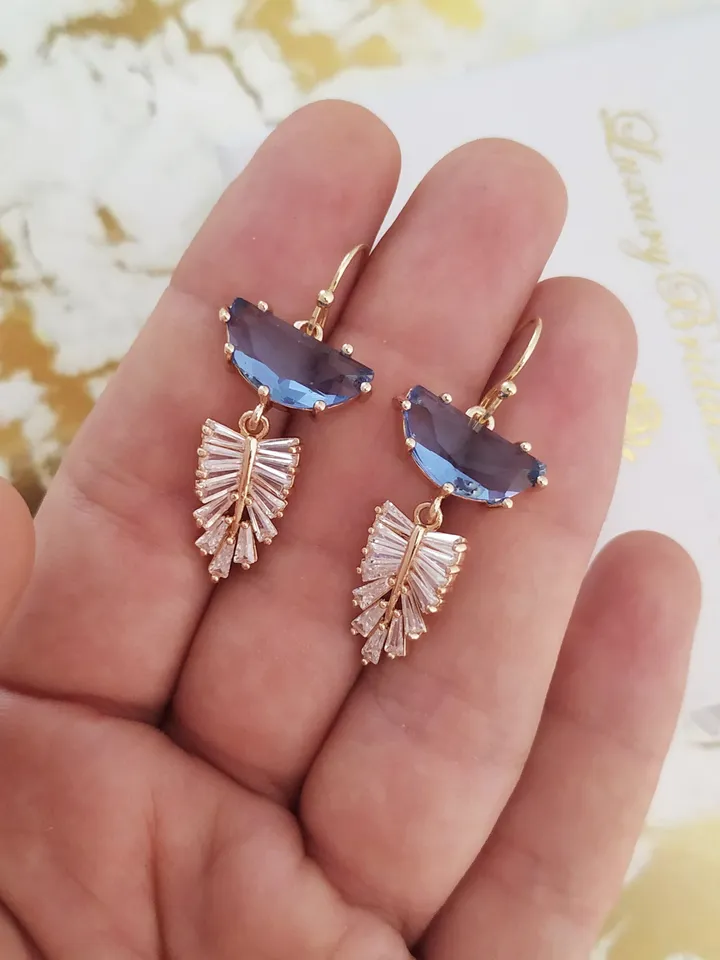 Gold Blue Art Deco Wedding Earrings For Bride, Boho Bridal Earrings, Chandelier Stetement Earrings, Teardrop Earrings, Blue Bridal Jewelry