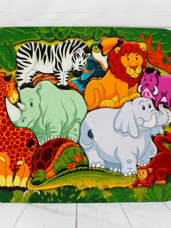 Wooden Puzzle - african jungle anim, Montessori toddler toy, jigsaw board