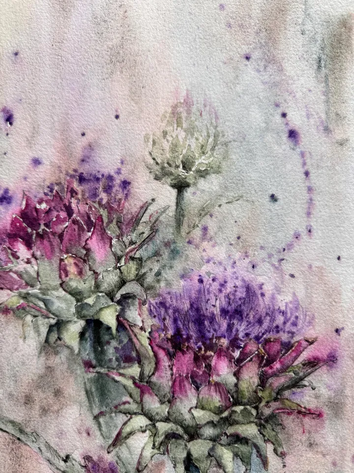 Artichoke Art Flowers Original Painting Wildflowers Wall Art  Meadow Painting