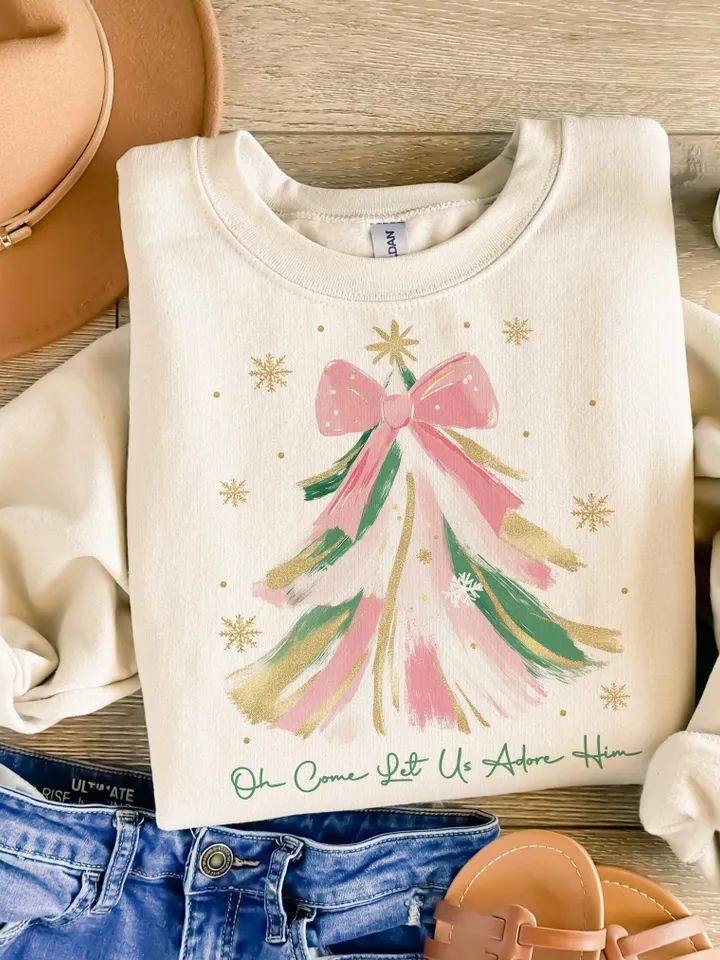 Oh Come Let Us Adore Him Png, Coquette Bow Christmas Tree Png,Christmas Jesus PNG,Watercolor Christian Christmas Png,Xmas Tree with Bow Png