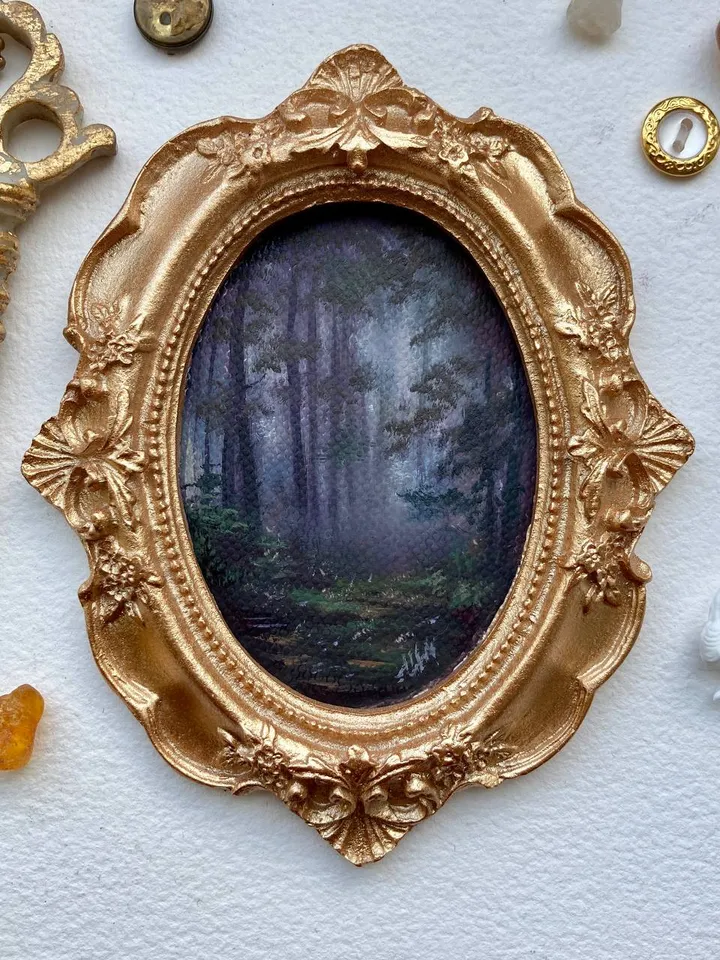 Forest Landscape Oil Painting Original In Vintage Style Frame Small Framed Oval Painting Art