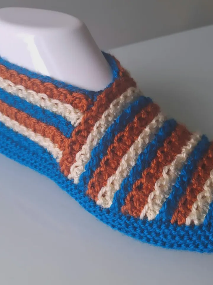 Blue Tan and White Color Wool Slippers - Handmade Cozy House Shoes