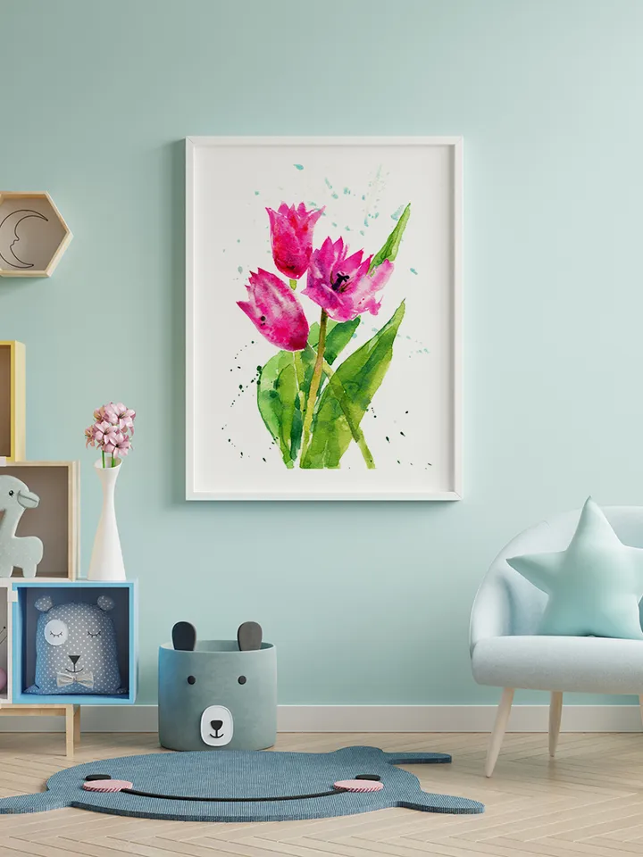 Watercolor picture with tulips, Art print from the original painting, Watercolor digital file, Clipart PNG with tulips