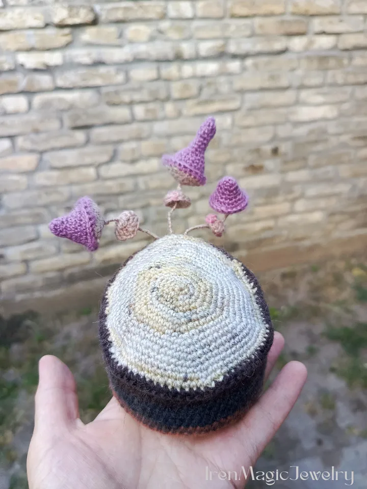 Crochet Forest Stump Pincushion with Mushrooms
