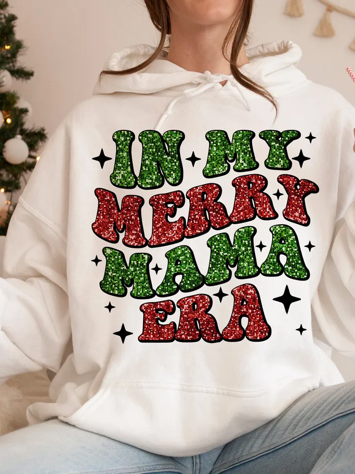 Faux Sequin Merry Mama png, Christmas Mama PNG In My Merry Mama Era PNG Glitter Trendy Retro Popular Aesthetic Mama Shirt Design Sublimation