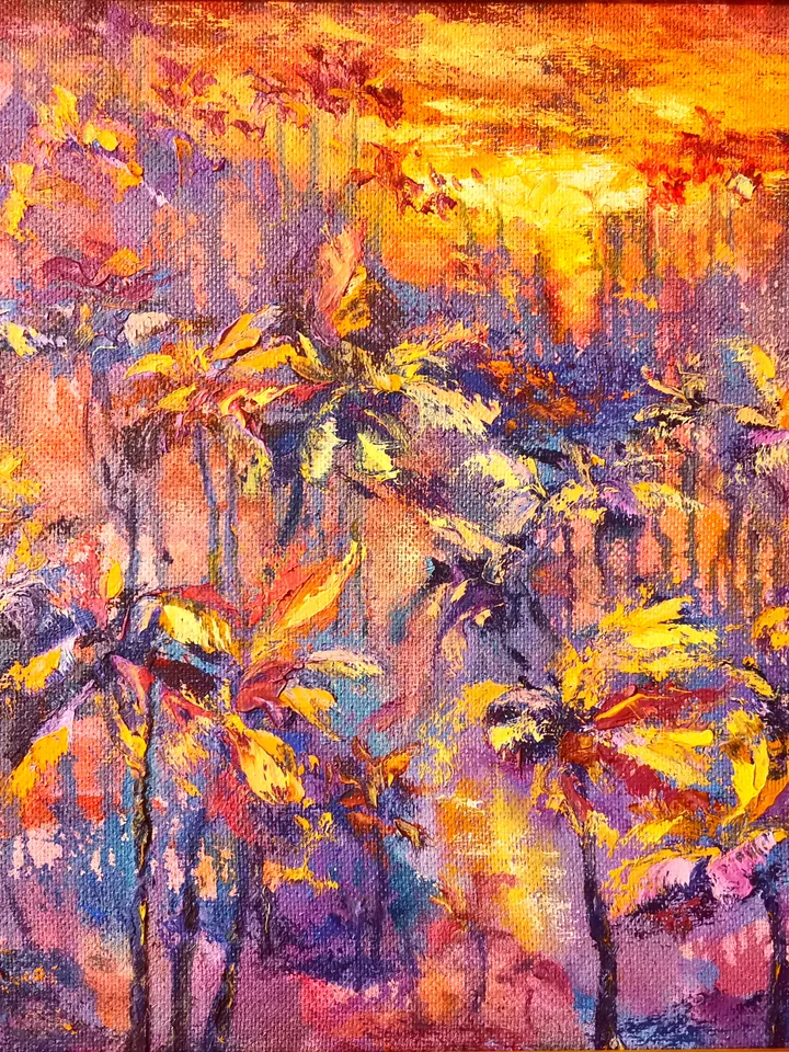 Sunset Oil Painting Original Art Palm Trees Pond Tropics Artist Svinar Oksana