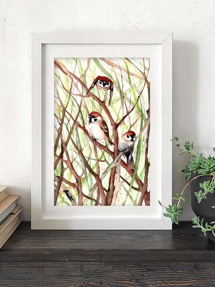 Sparrows Bird Watercolour, bird painting, room decor, wall decor, birds lover gift, 8x11 in handmade art by Anne Gorywine