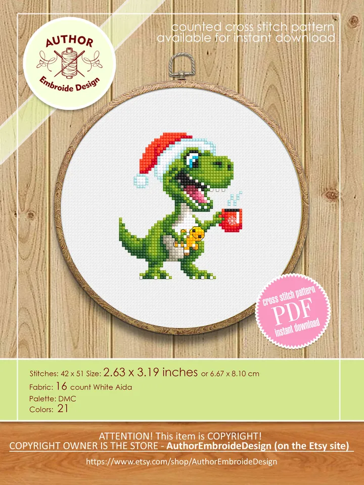 Funny dinosaur christmas cross stitch pattern PDF download, Set of 2 small dinosaur cross stitch chart, Cute dino pattern digital PDF #N115