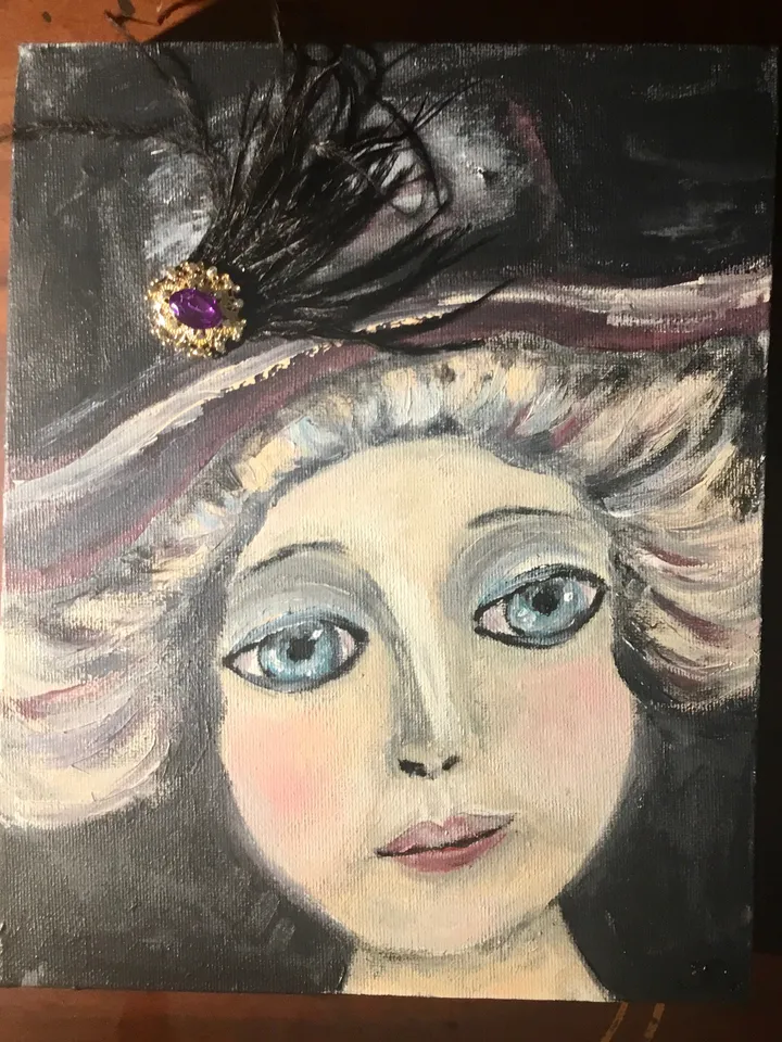 Victoria doll,original mix media painting on 3 d canvas,one of a kind, fantasy antique doll painting,gift,home decoration