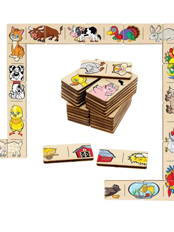 Wood domino games - farm animals Puzzle, Wooden Montessori homeschool blocks