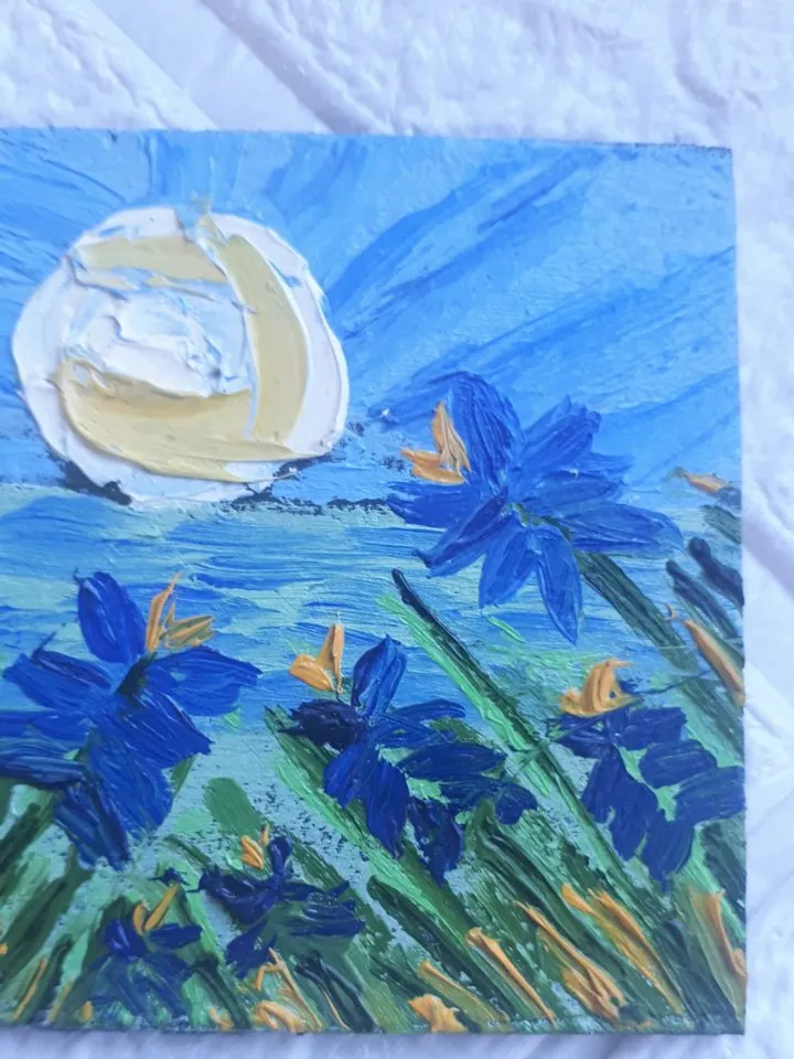BLuebonnets Original Oil ACEO Abstract Flowers, Painting Miniature