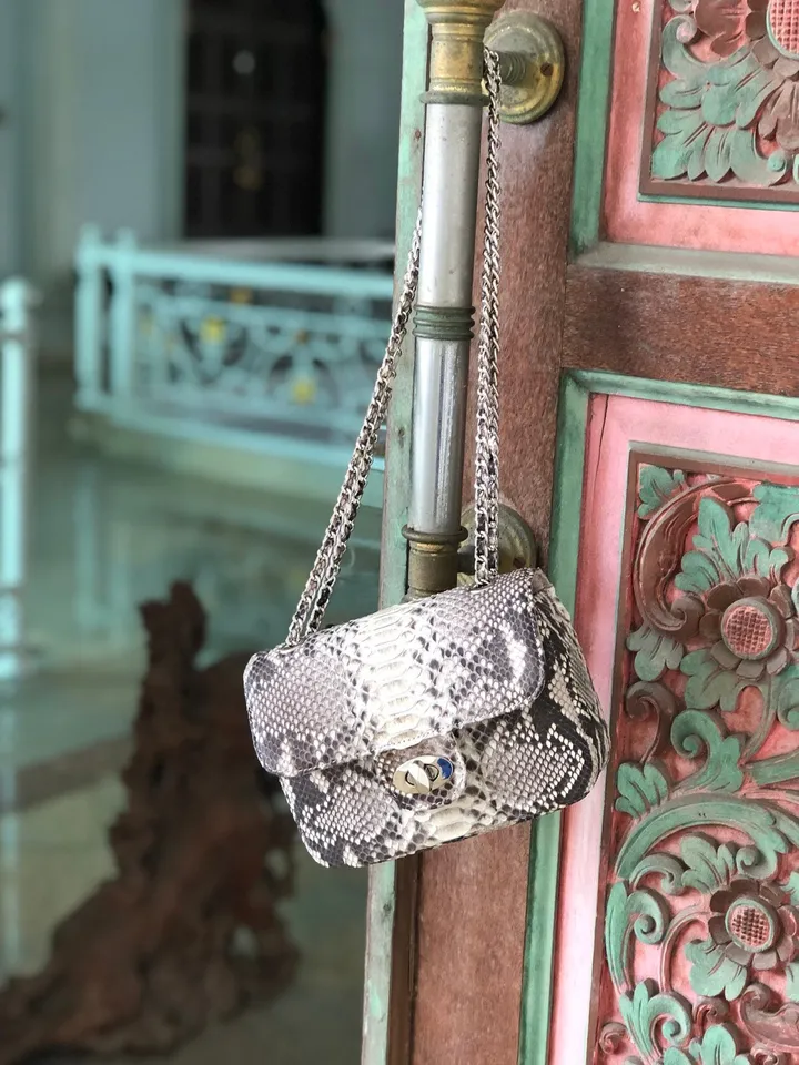 Genuine Python Skin Small Crossbody Leather Bag | Classy Small Crossbody Chain | Grey Light Small Crossbody Summer Elegant Classy Women Bag