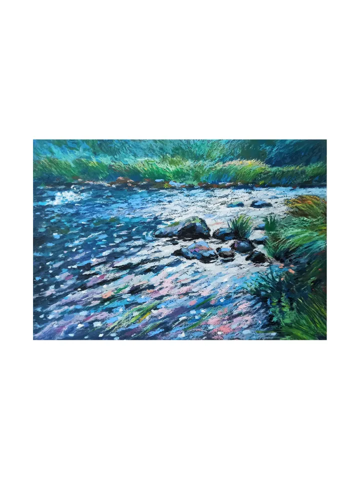 Summer landscape with a forest river, Fast river, Original oil pastel drawing on A4 kraft paper