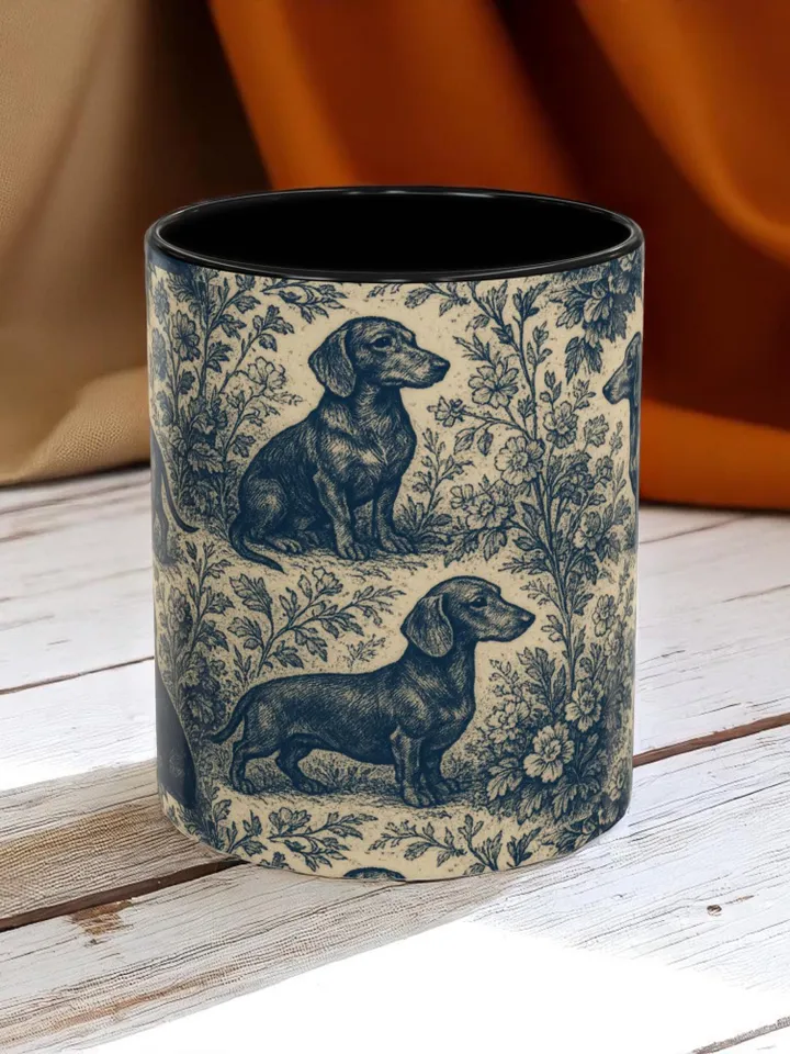Dachshund French Toile de Jouy Ceramic Mug, Toile Coffee Cup for Doxie Mom, Sausage Dog Lover Gifts, Dog Tea Drinkware, Gift For Dog Lovers