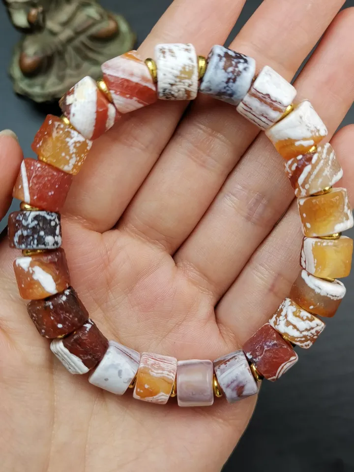 Gandhanra Tibetan Sugar Agate Beads Wrist Mala, Unique 11mm Cylinder Carnelian Bracelet