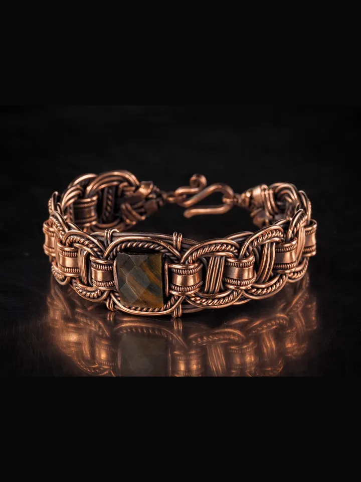 Copper wire bracelet with natural Tiger eye, 7th Wedding Anniversary gift