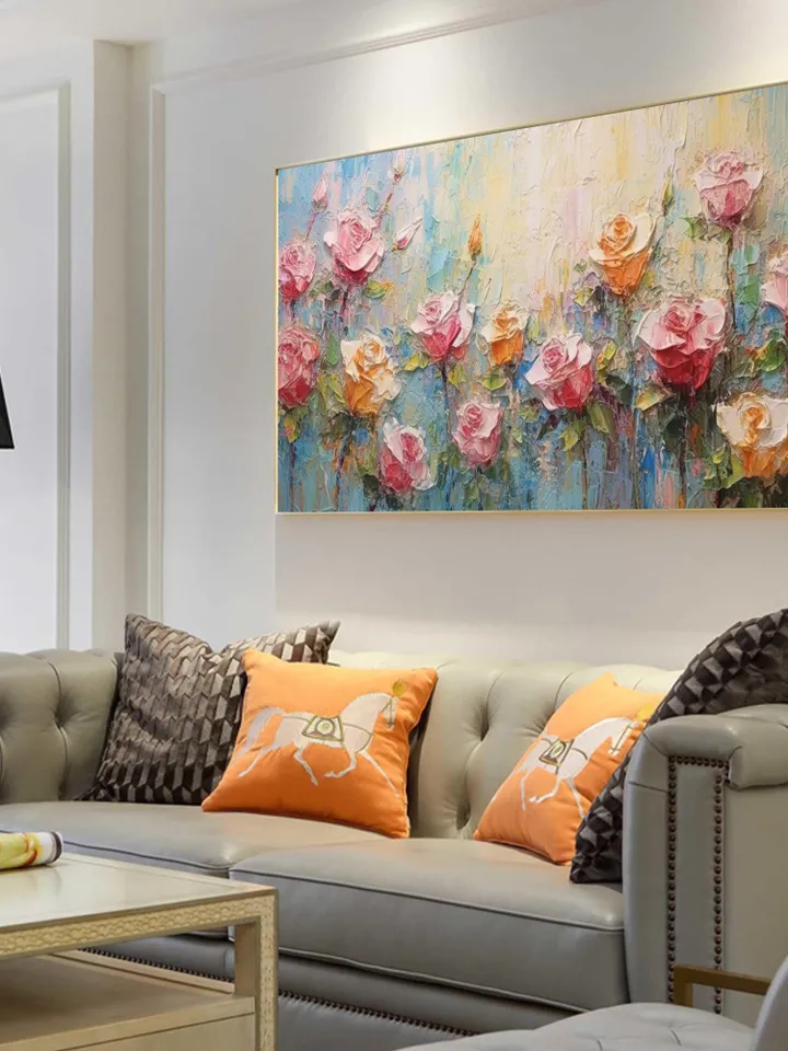 Original Roses Oil Painting On Canvas, Abstract Flowers Painting, Large Wall Art, Pink Roses Decor, Custom Painting,Living room Wall Decor