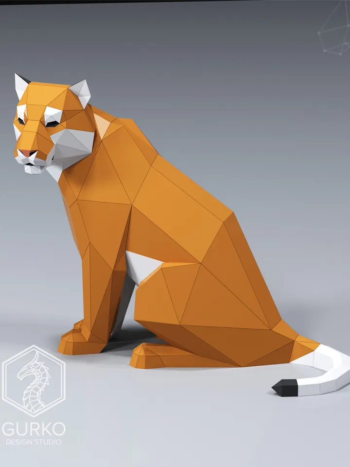 Papercraft Sitting Tiger Turned, Cat, Digital Template, PDF Download, Gurko, LowPoly, Pepakura, DIY Origami Sculpture, Paper Party Decor