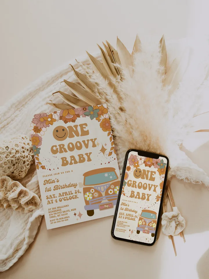 One Groovy Baby Editable Any Age Pink Groovy Van Daisy Rainbow Hippie Birthday Invitation Let's get Groovy 1st Birthday Invitation ; gr3