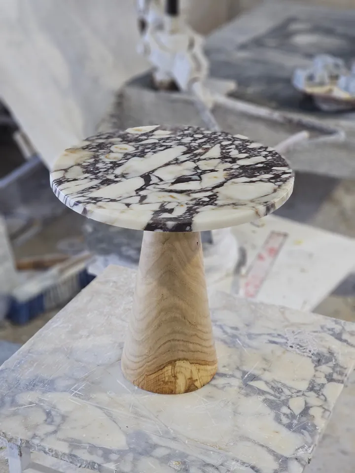 Calacatta viola or silver marble & travertine end table wooden leg model is handmade free shipping