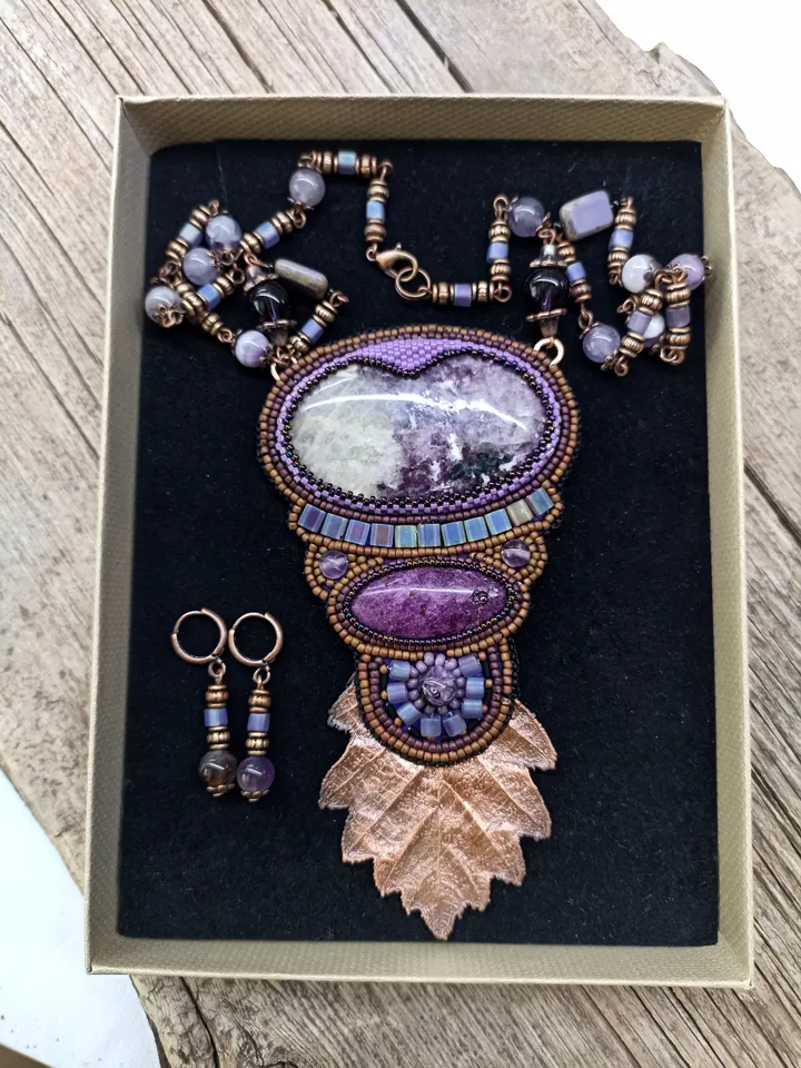 Bead embroidered violet necklace with Lepidolite, Sugilite, Charoite and Amethyst gemstones and an electroformed oak leaf Boho jewelry OOAK
