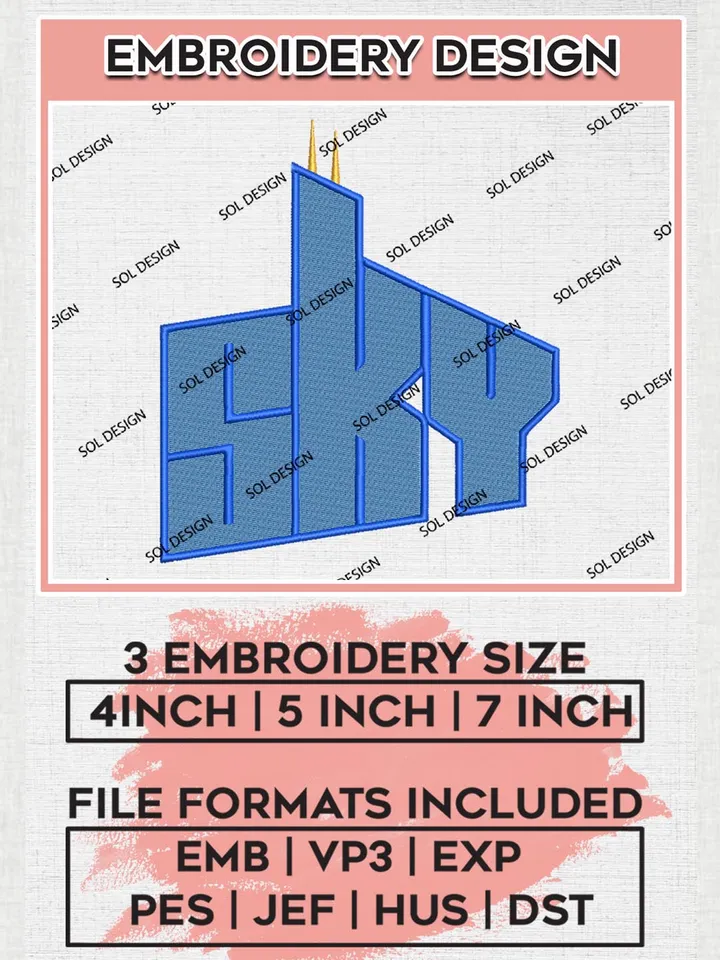 WNBA Sky Basketball Team Wordmark Logo Embroidery Files, WNBA Chicago Sky Team Embroidery Designs, Basketball Teams, 3 sizes, Machine embroidery designs, Digital Download