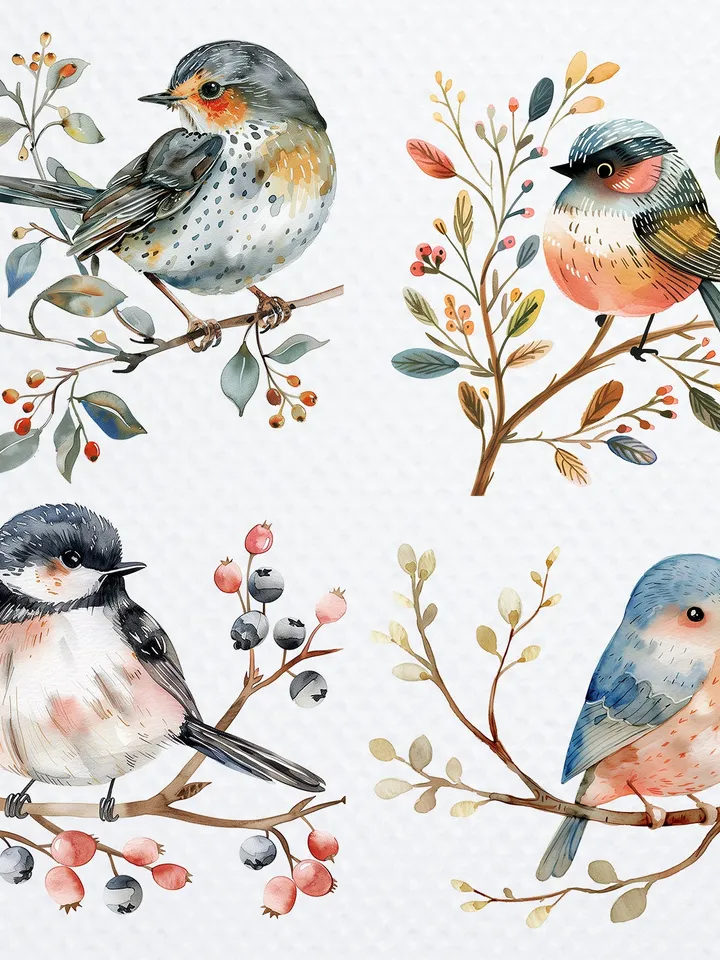 24 Scandinavian Birds PNG Bundle, Watercolor Floral Birds for sublimation, Printable vintage birds clipart, Paper craft, junk journals