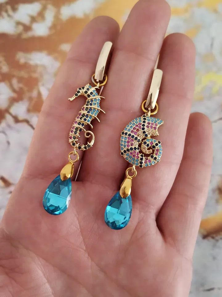 Gold | Turquoise Wedding Earrings with Seahorse and Shell | Beach Wedding Jewelry | Drop Chandelier Statement Bridal Earrings | Gift For Her
