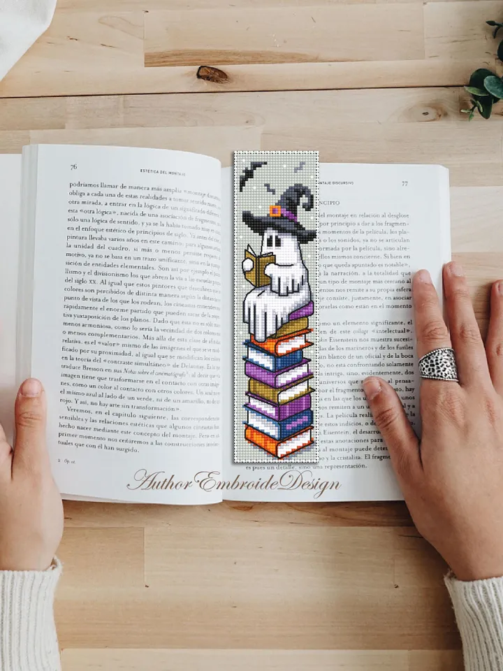 Witch ghost bookmark cross stitch pattern PDF download Reading ghost cross stitch chart, Cute Halloween bookmark pattern digital PDF #B365