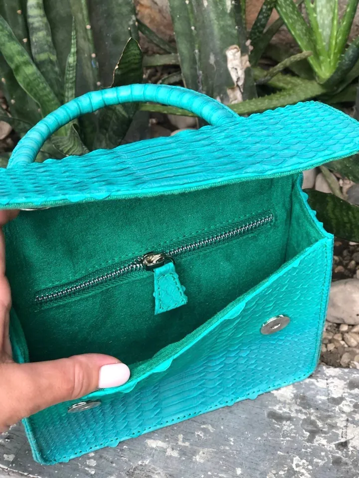 Genuine python skin small cute top handle bag | summer bags | Exotic leather bags | bright turquise hand bag | designer handle womenbag