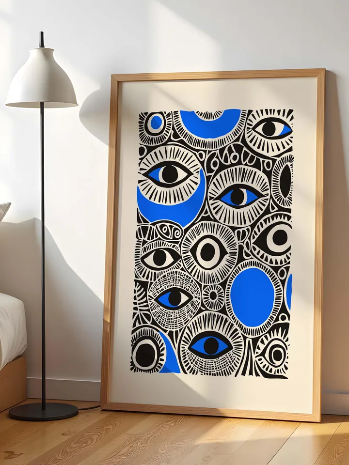 Abstract Eye Collage Print, Surreal Eye Wall Art, Bold Blue Black Poster, Eclectic Eye Decor, Whimsical Illustration, Digital Download