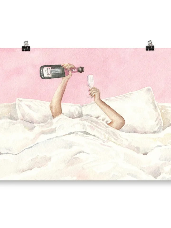 Pink Champagne Bottle Watercolor Illustration Wall Art Print, Feminine Art, Bar Decor, Cocktail Poster, Preppy Bar Cart, Apartment Decor