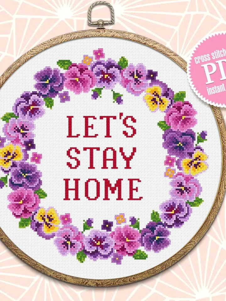 Flower wreath cross stitch pattern Lets Stay Home download PDF, Framed quote cross stitch chart, Floral border cross stitch, Home decor #Q6