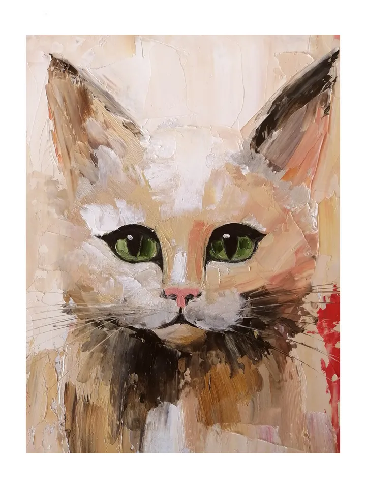 Beige Cat Original Oil Painting Abstract Cat Artwork