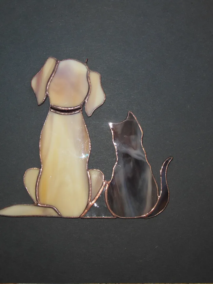Dog and Cat , Retriever Labrador , Art stained glass hanging . Gift animal lover , pet loss memorial , Golden , black , white , gray , beige
