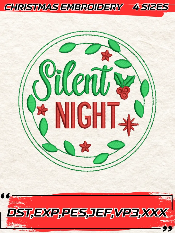 Silent Night Christmas Embroidery Design,Christmas Embroidery Design,4 Sizes, Digital Download