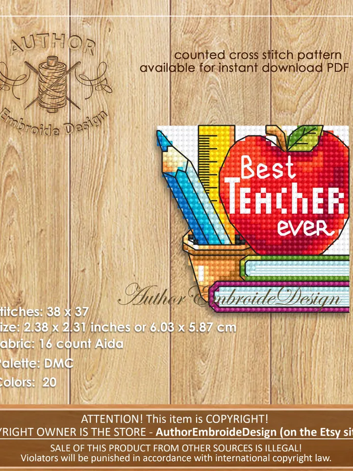 Corner bookmark cross stitch pattern download PDF Best teacher ever, Teacher bookmark digital pattern PDF, Teachers day gift, School #B346