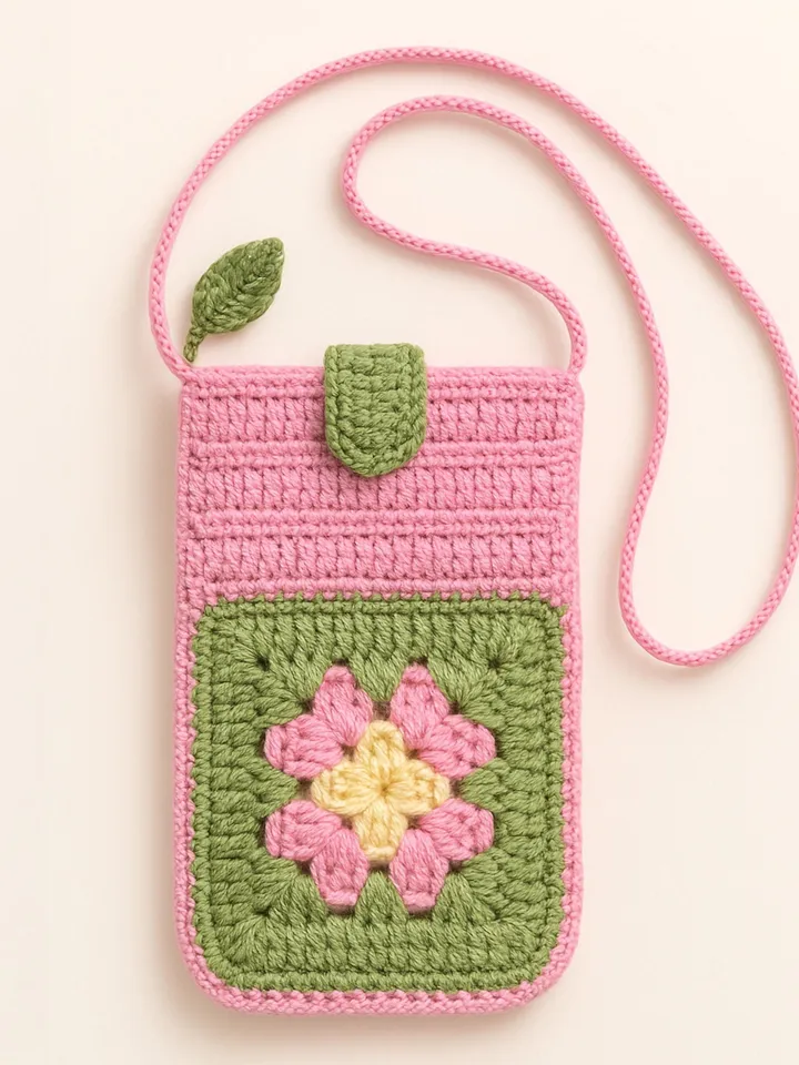 Granny Square Flower Crochet Phone Bag PDF Pattern – Cute Pink Green Crossbody Pouch Tutorial – DIY Floral Mobile Purse Pattern