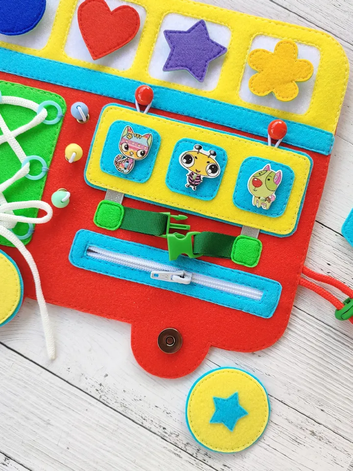 Felt montessori busy board pattern, Baby sensory board pdf,  Quiet book pattern, Soft  activity toys, Felt sewing pattern pdf for boys