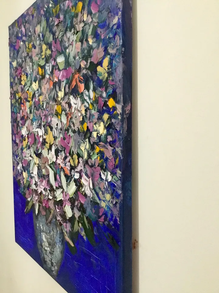 Flowers in a vase on blue background,posters from my original oil impasto painting on canvas,textured painting,colourful flowers wall art.