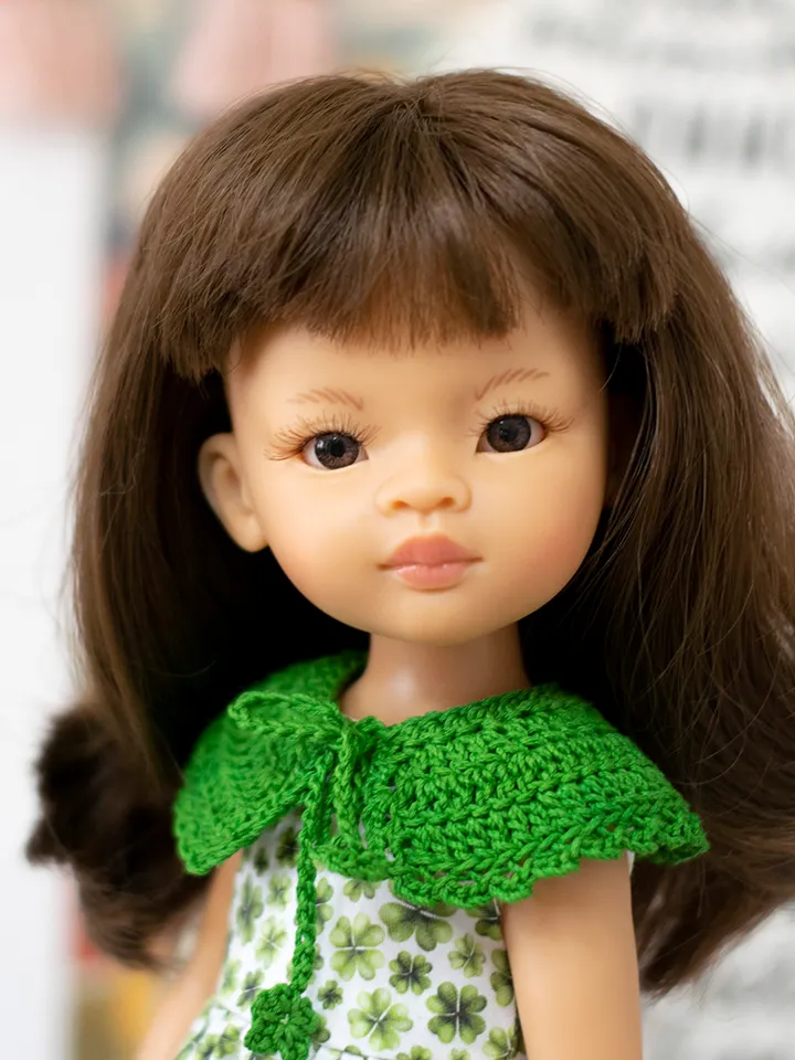 St Patrick's Day overall for dolls Paola Reina, Siblies Ruby Red, Little Darling, Minouche, 13 inch doll green clothes