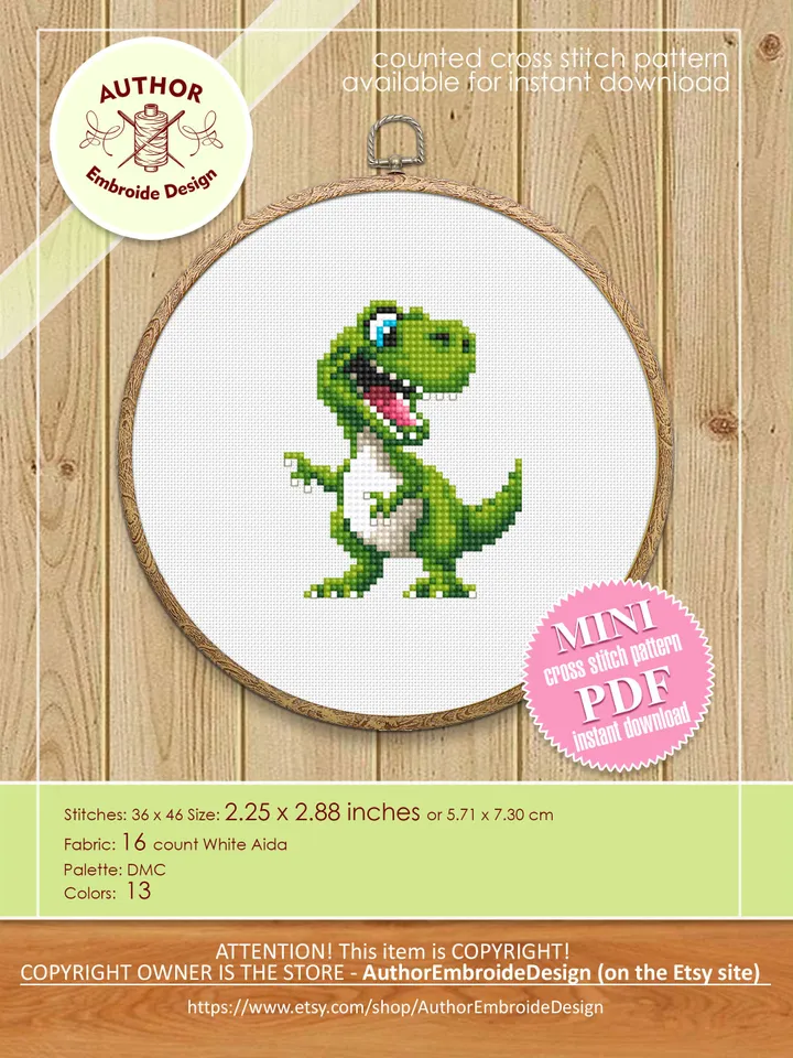Dinosaur cross stitch pattern PDF download Set of 4 small t rex cross stitch chart, Cute dino pattern digital PDF, Jurassic animals #D15